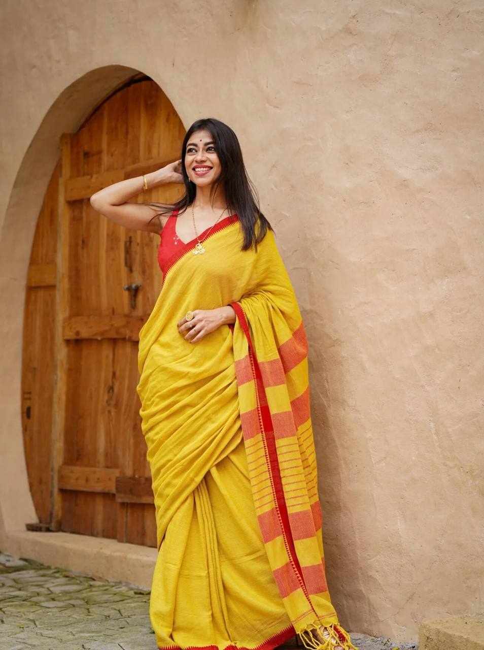 Premium Linen Cotton Digital Printed Yellow Saree