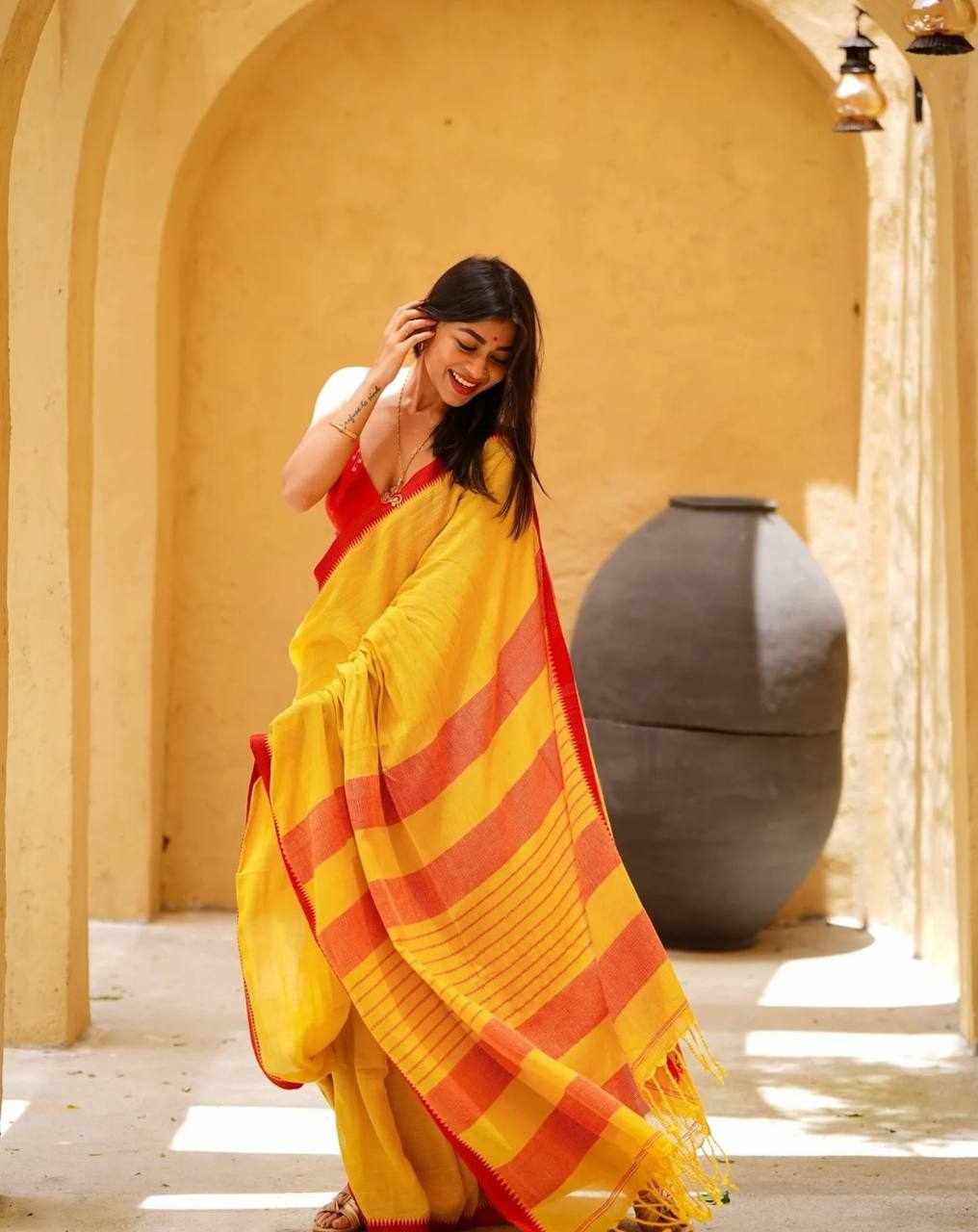 Premium Linen Cotton Digital Printed Yellow Saree