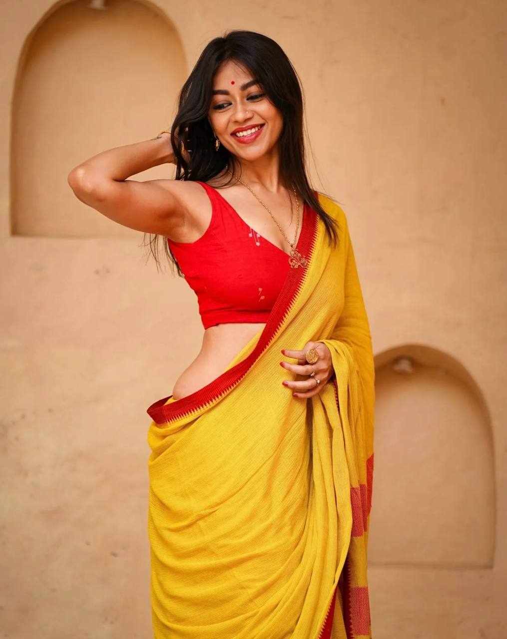Premium Linen Cotton Digital Printed Yellow Saree
