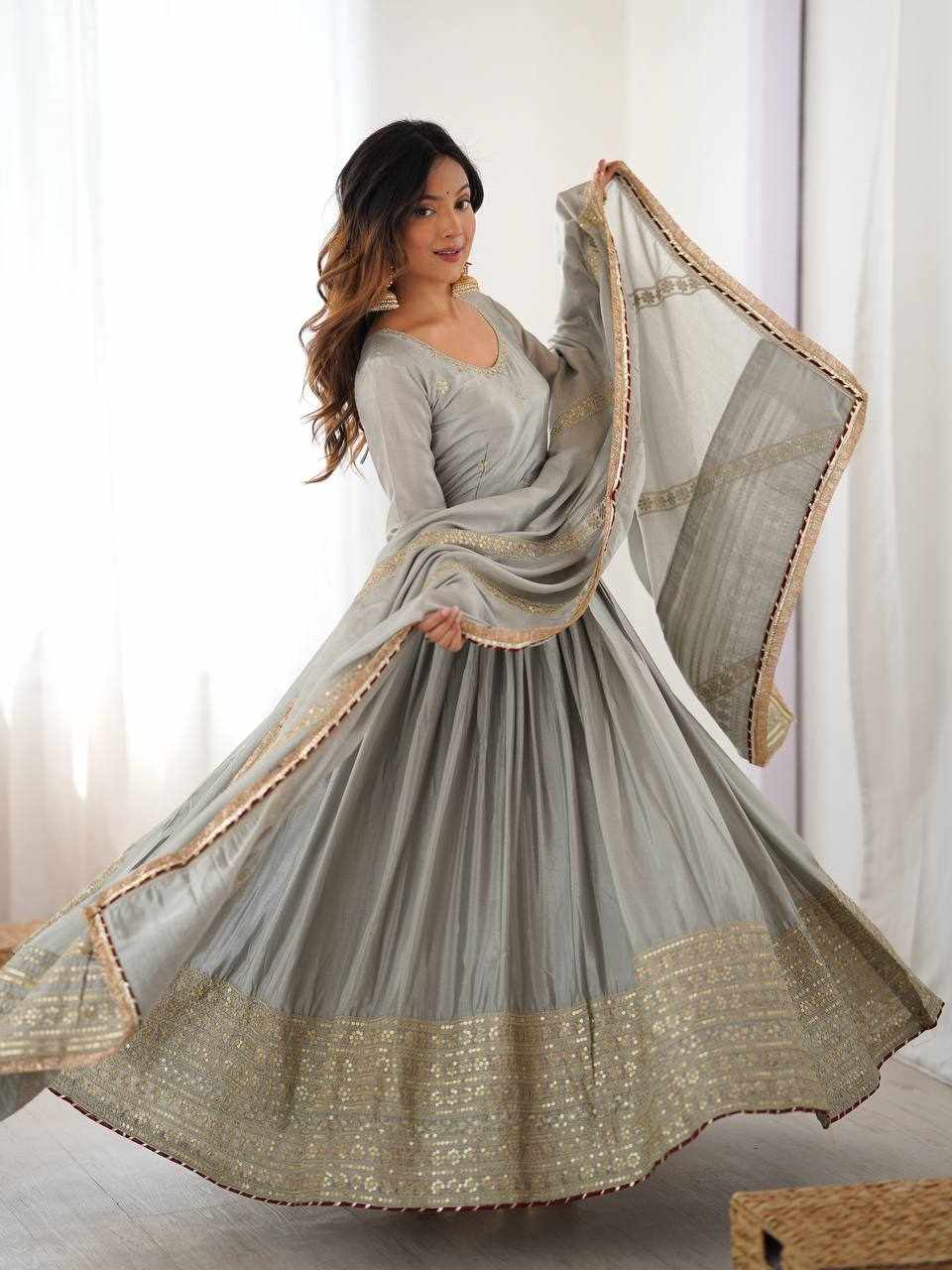Sage Grey Embroidered Anarkali Gown Set RTC 5816 - Handcrafted Ethnic Wear