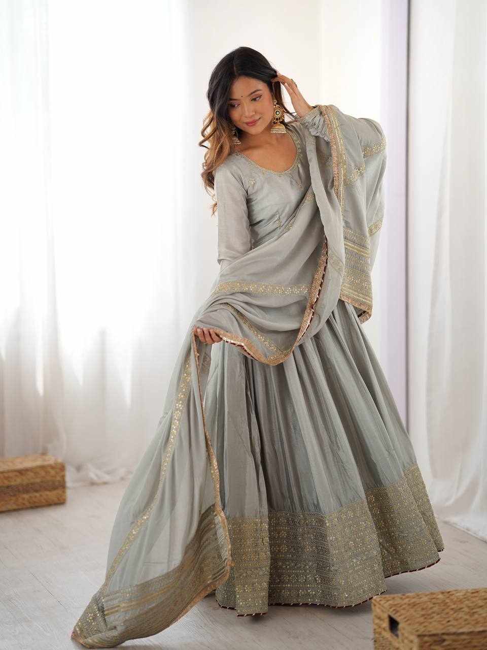 Sage Grey Embroidered Anarkali Gown Set RTC 5816