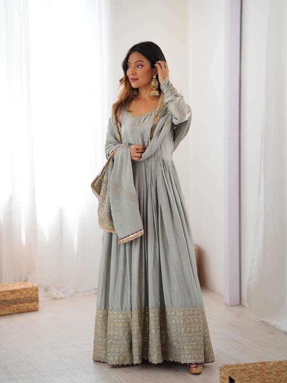 Sage Grey Embroidered Anarkali Gown Set RTC 5816