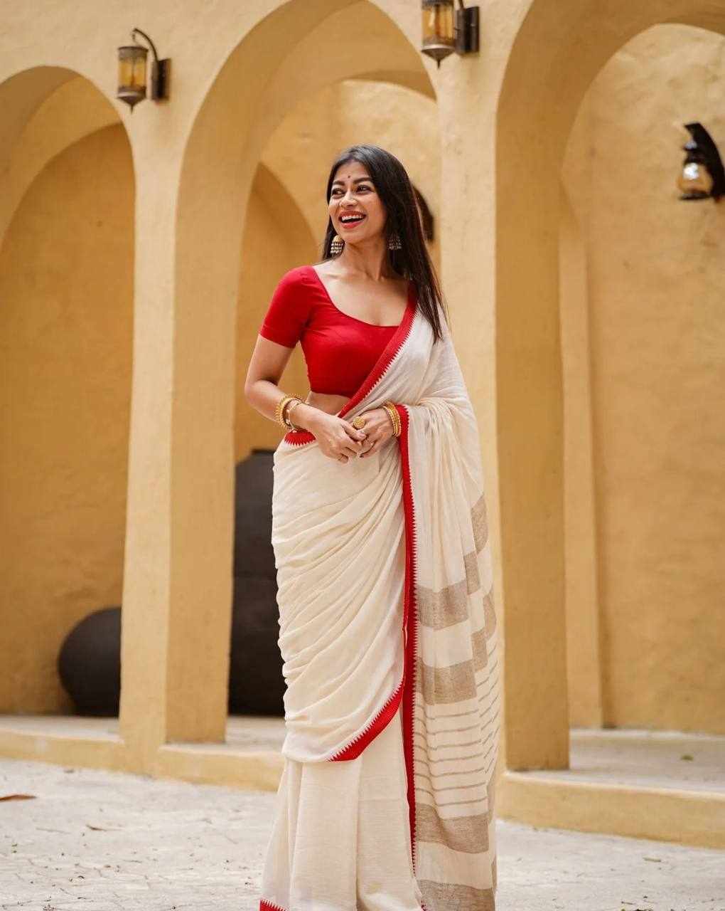 Premium Linen Cotton Digital Printed White Saree     (KPW 430)