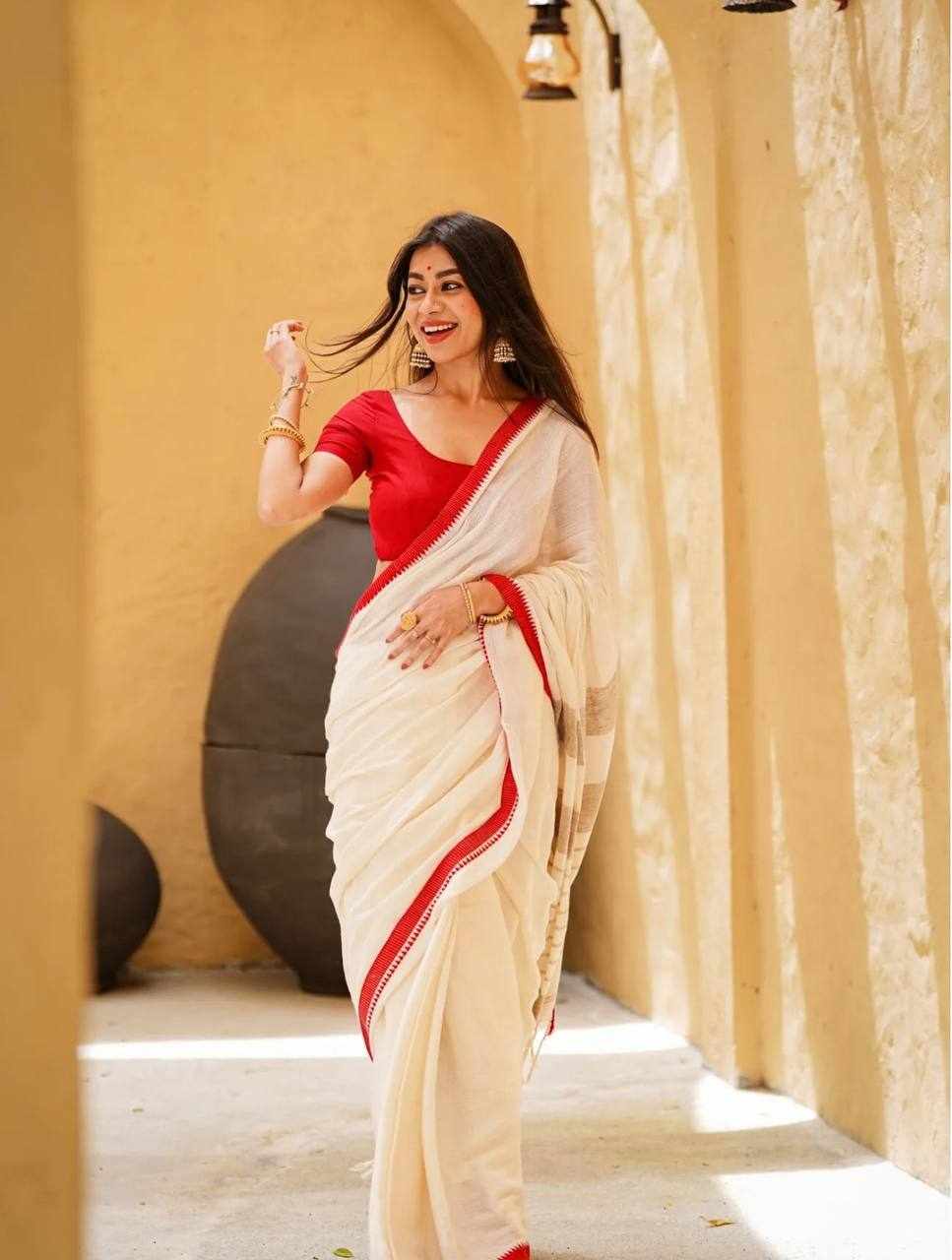 Premium Linen Cotton Digital Printed White Saree     (KPW 430)