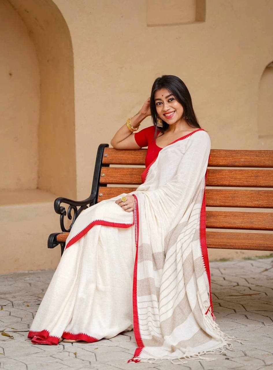 Premium Linen Cotton Digital Printed White Saree     (KPW 430)