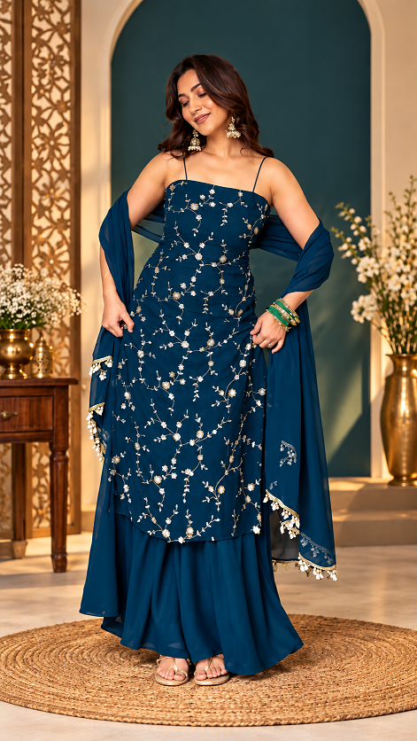 Midnight Blue Floral Embroidered Sharara Set RTC 6067 