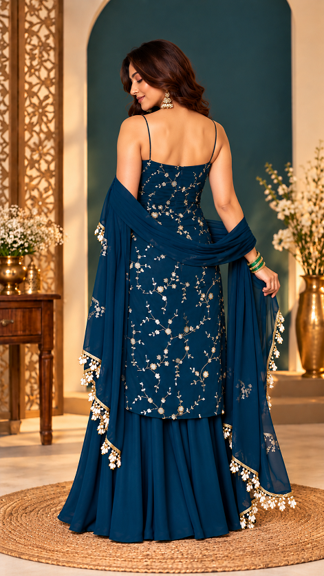 Midnight Blue Floral Embroidered Sharara Set RTC 6067 