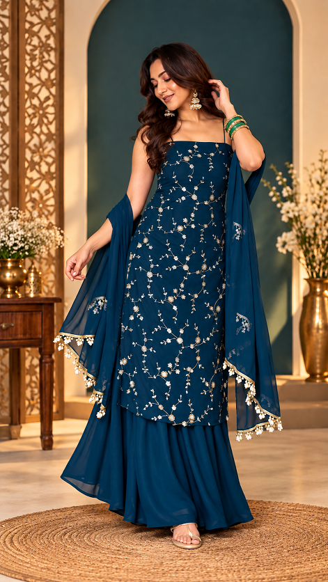 Midnight Blue Floral Embroidered Sharara Set RTC 6067 