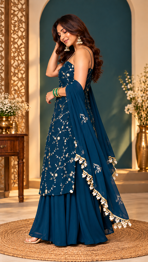 Midnight Blue Floral Embroidered Sharara Set RTC 6067 