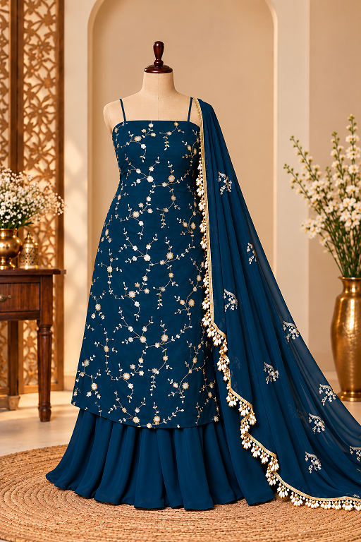 Midnight Blue Floral Embroidered Sharara Set RTC 6067 