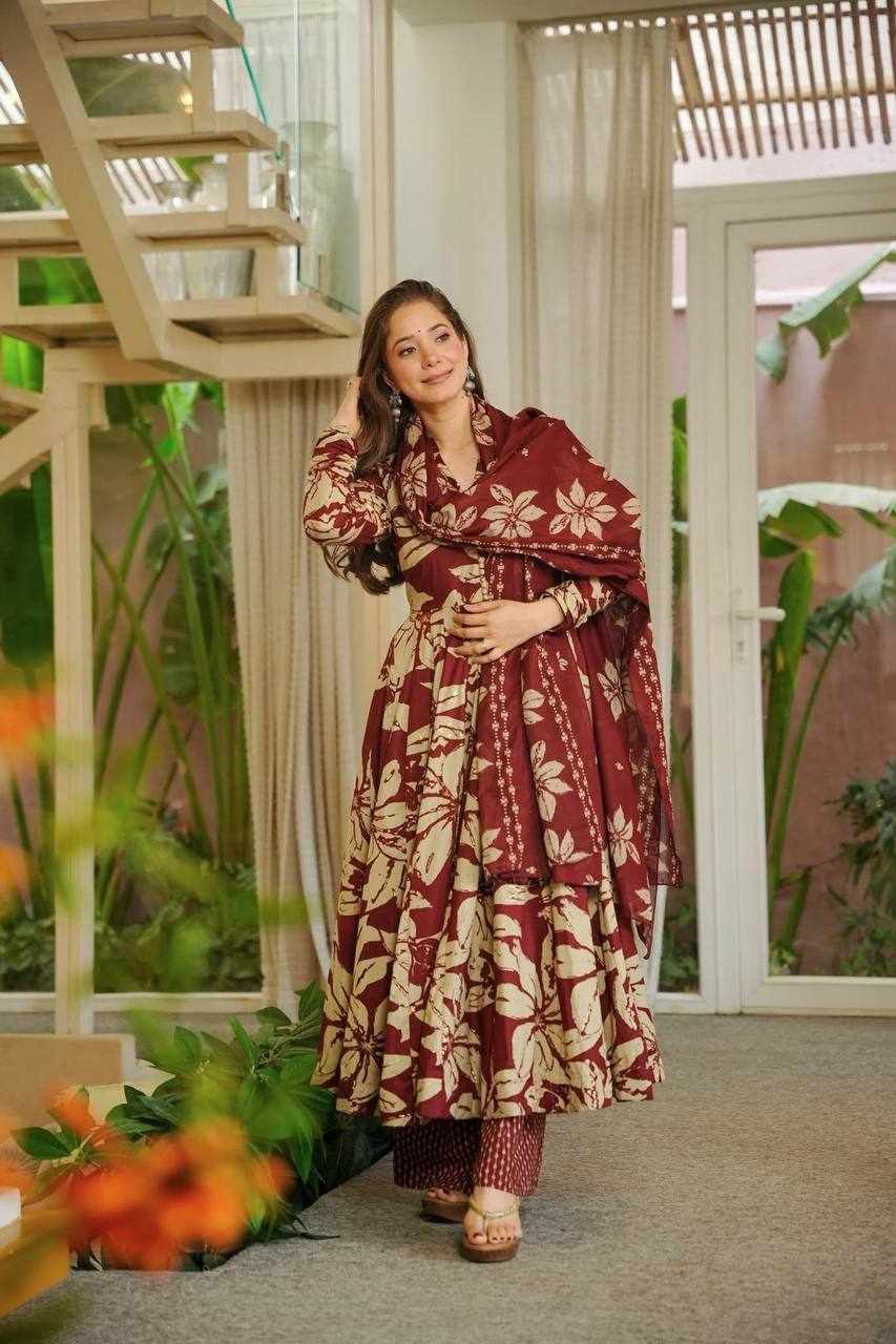 Maroon & Beige Floral Printed Anarkali Set  MF 511 - Handcrafted Ethnic Wear