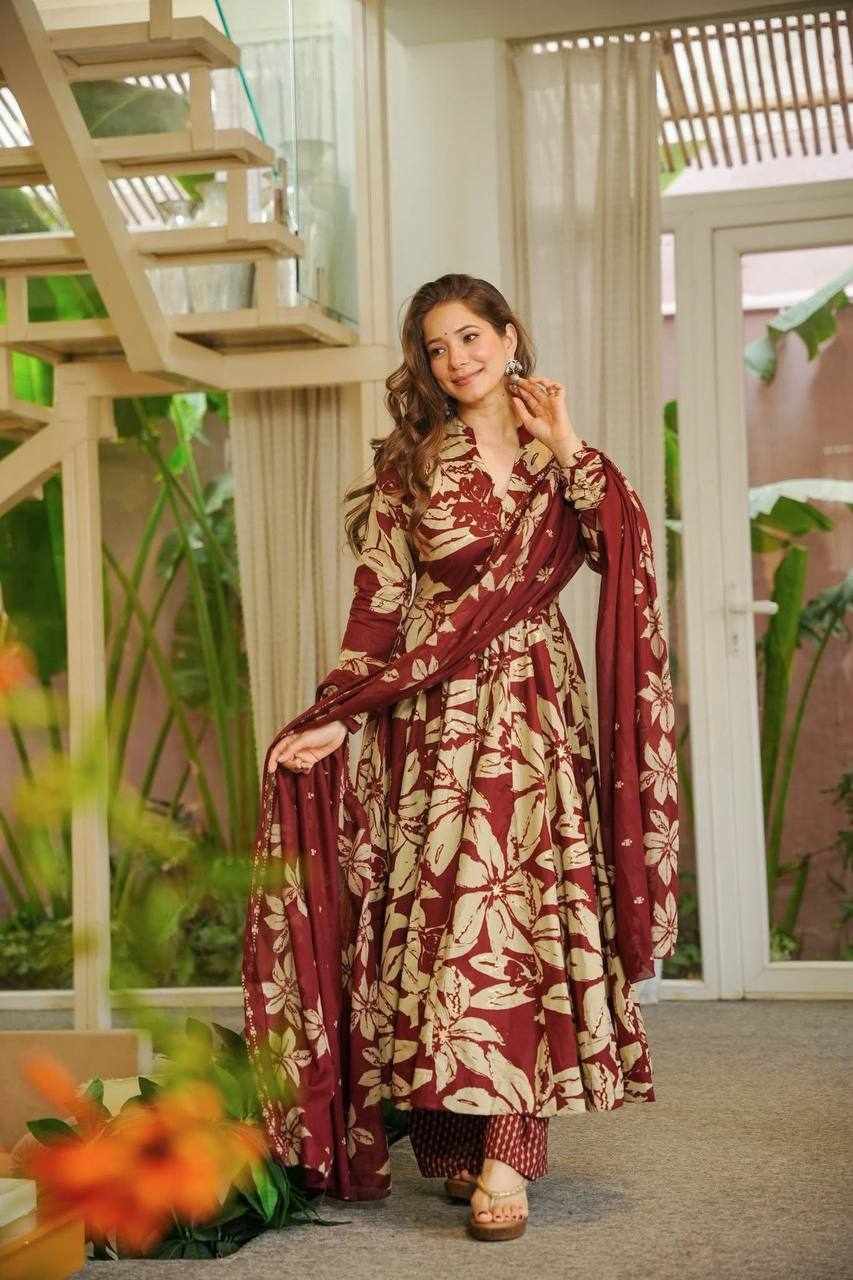 Maroon & Beige Floral Printed Anarkali Set  MF 511 - Detailed Pallu View