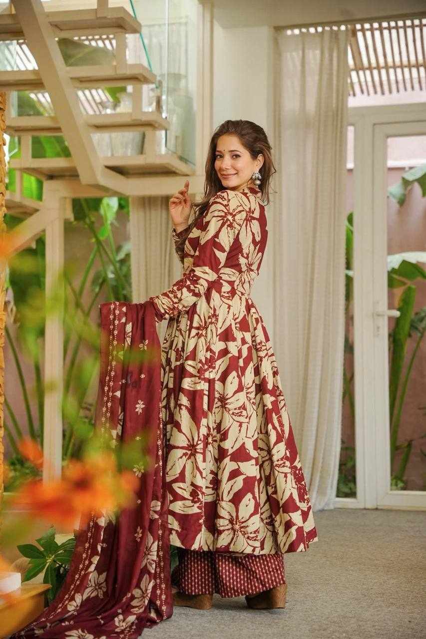 Maroon & Beige Floral Printed Anarkali Set  MF 511