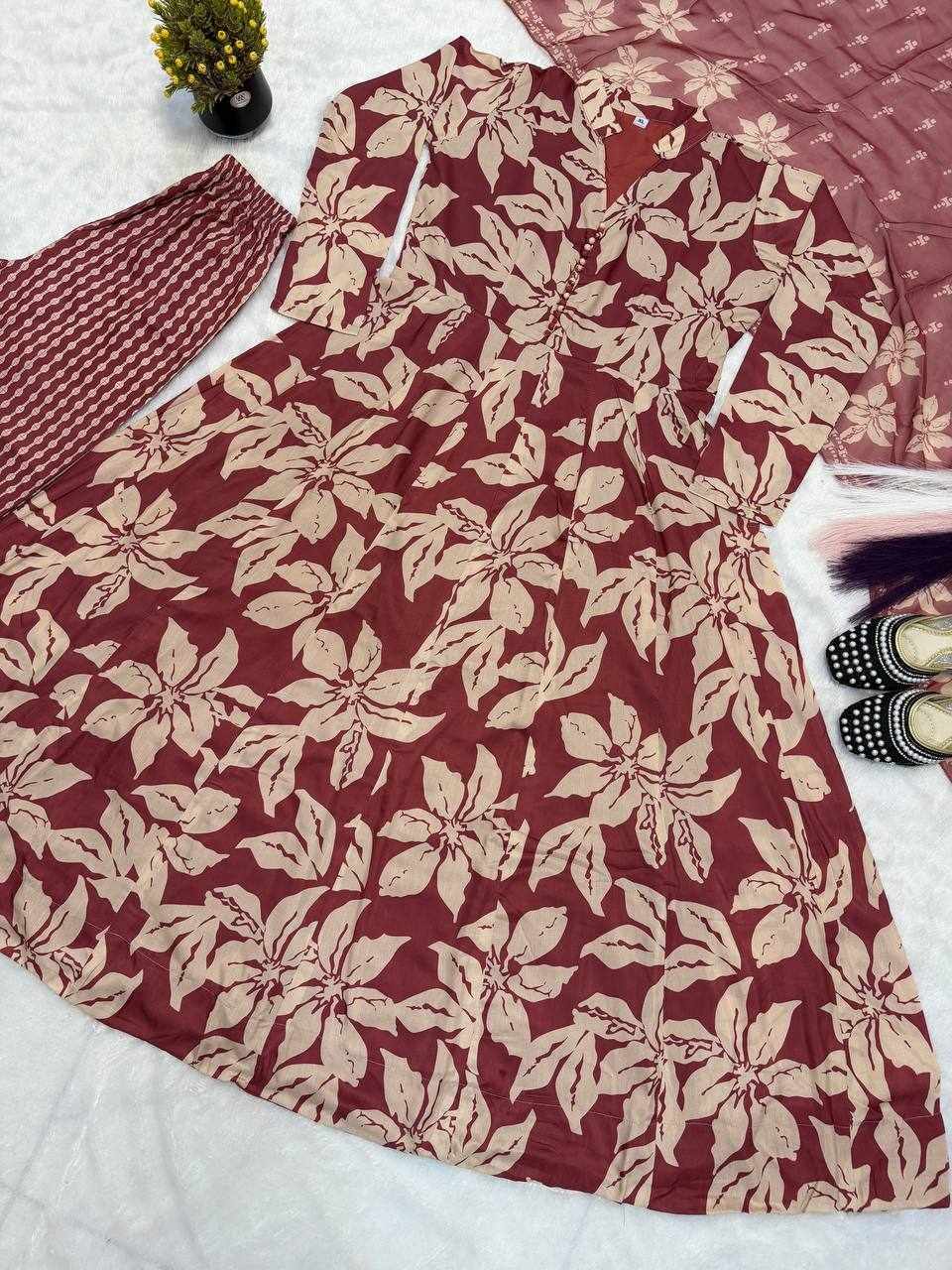 Maroon & Beige Floral Printed Anarkali Set  MF 511