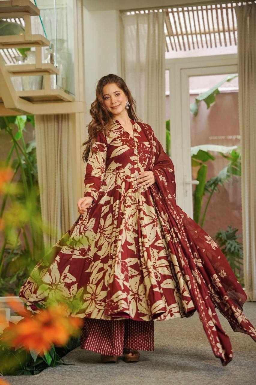 Maroon & Beige Floral Printed Anarkali Set  MF 511