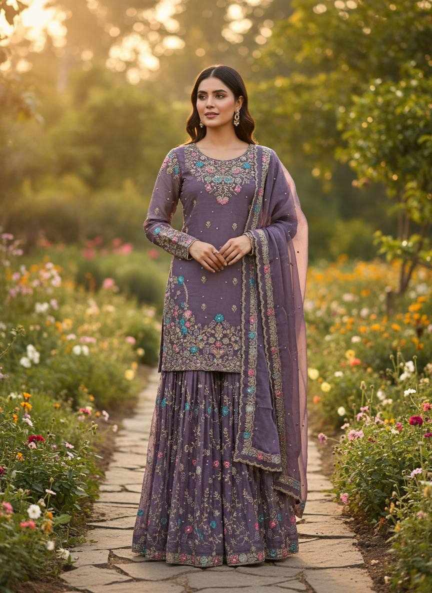 Dusty Purple Embroidered Sharara Suit Set  RTC 5956 - Detailed Pallu View