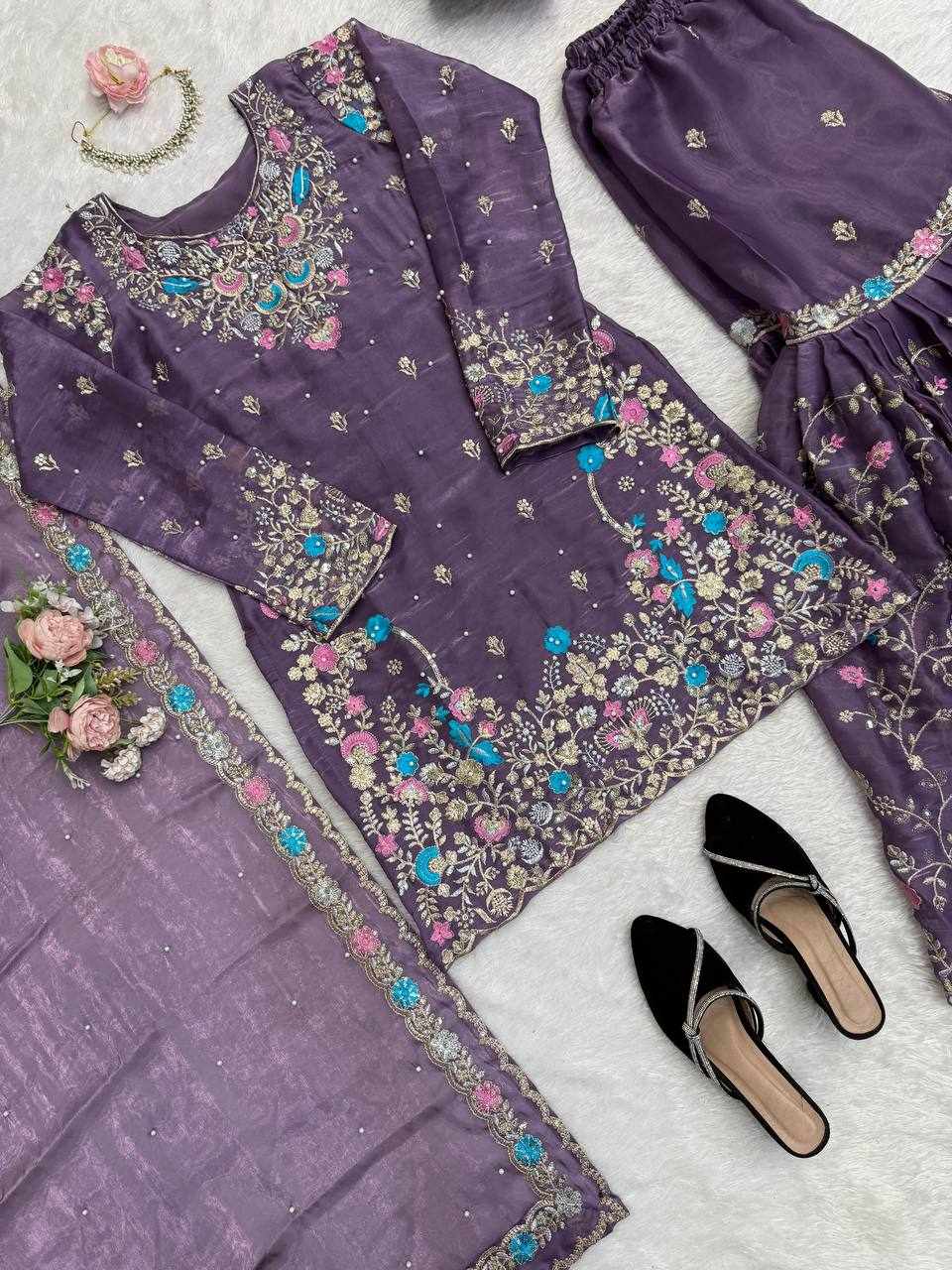 Dusty Purple Embroidered Sharara Suit Set  RTC 5956