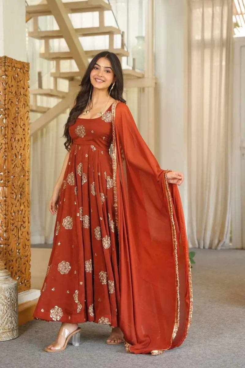 Rust Orange Embroidered Anarkali Suit Set RTC 6071 - Handcrafted Ethnic Wear