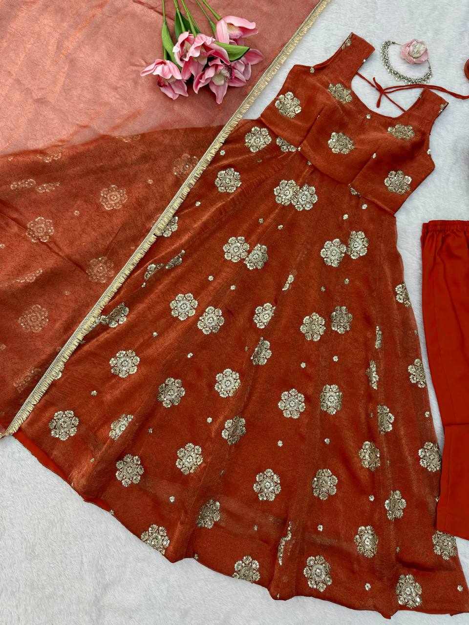 Rust Orange Embroidered Anarkali Suit Set RTC 6071