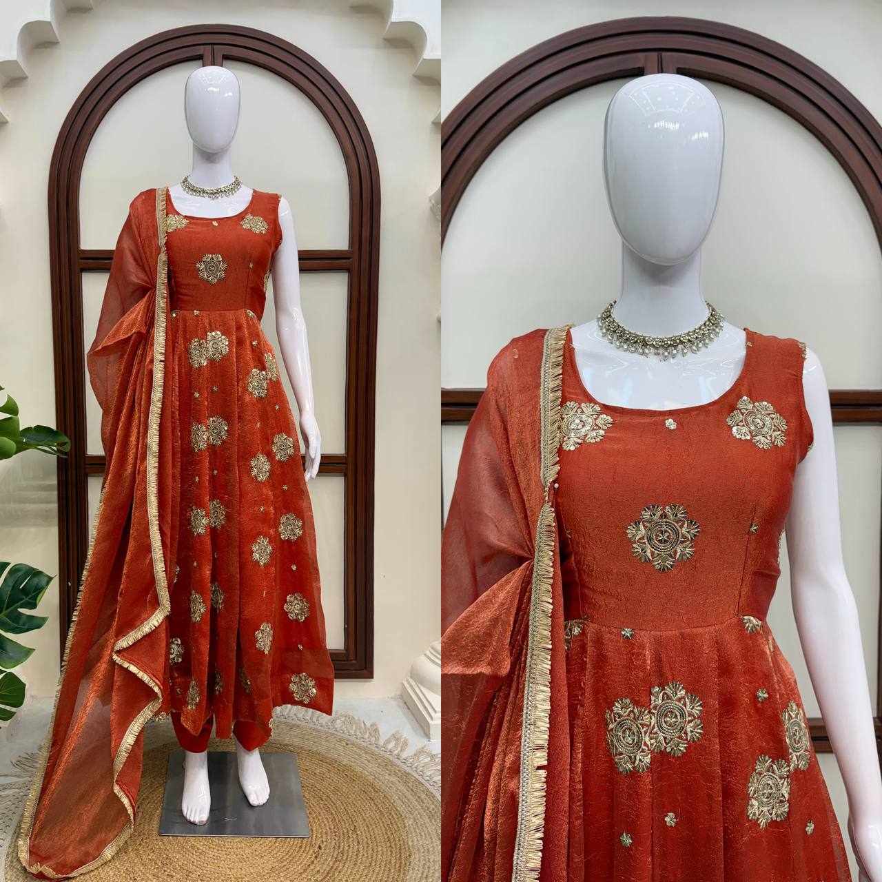 Rust Orange Embroidered Anarkali Suit Set RTC 6071