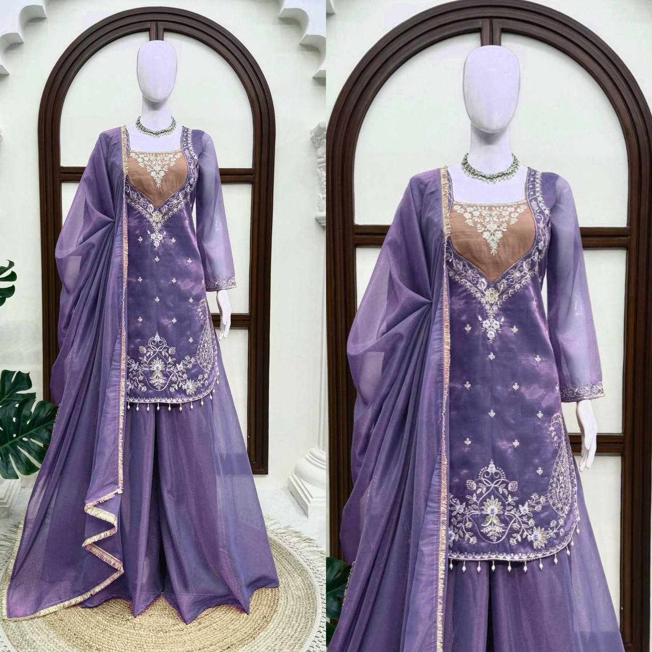 Lavender Purple Embroidered Sharara Suit Set RTC 6065 - Handcrafted Ethnic Wear
