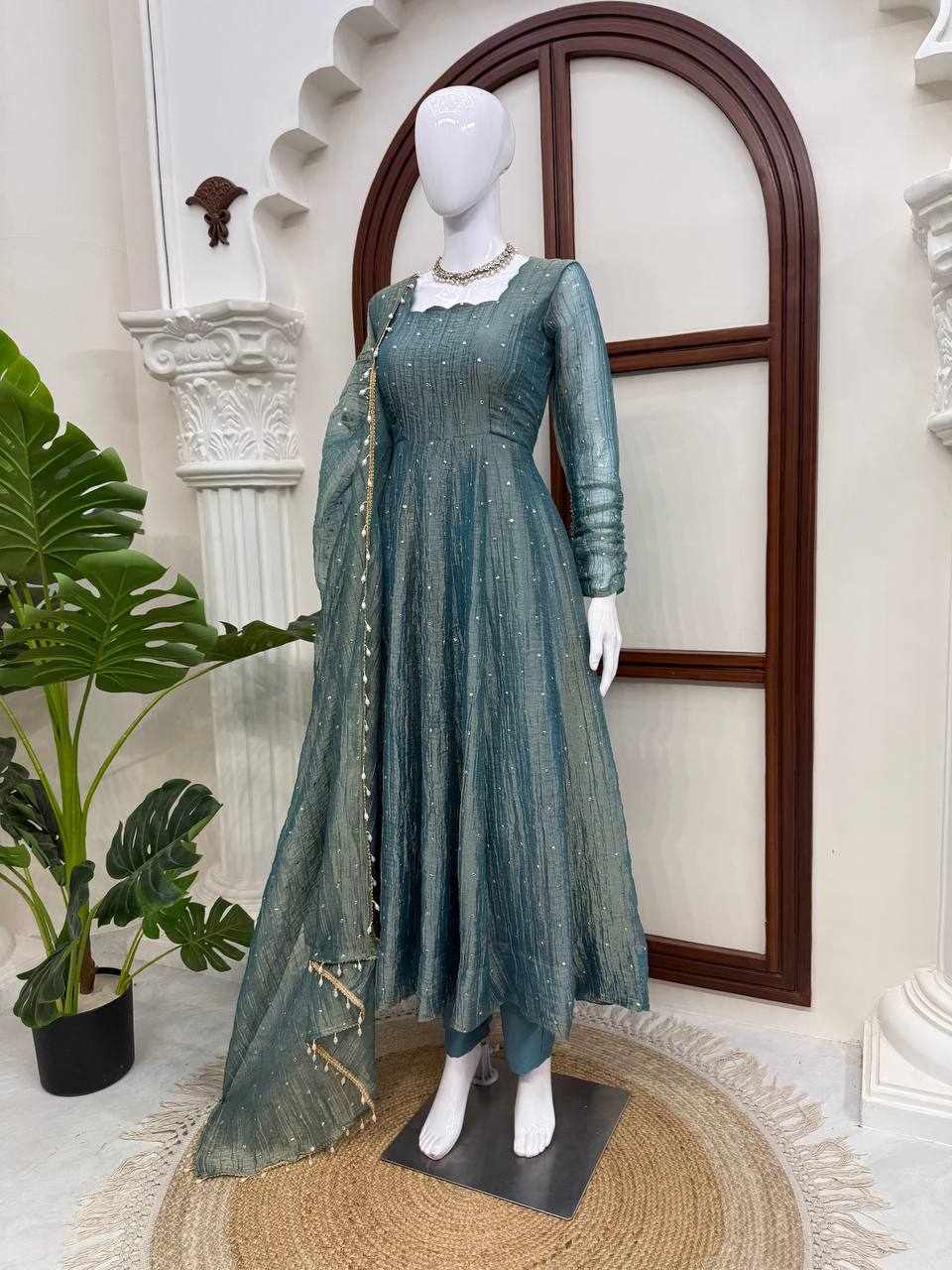 Elegant Teal Blue Anarkali Set KD 1641 - Handcrafted Ethnic Wear