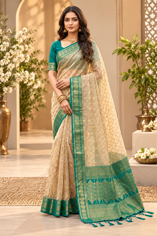 Chiku & Rama Green Printed Cotton Saree          A2331692508 - Handcrafted Ethnic Wear