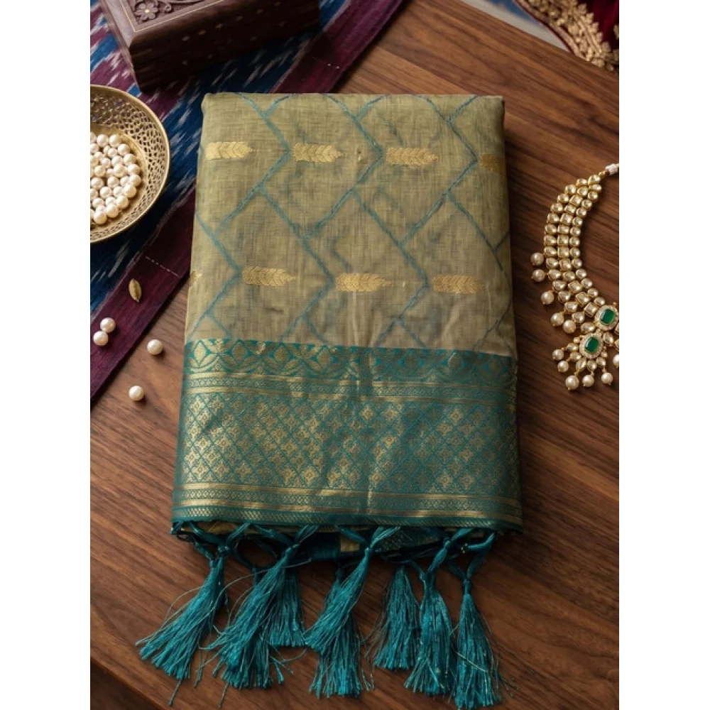 Chiku & Rama Green Printed Cotton Saree          A2331692508