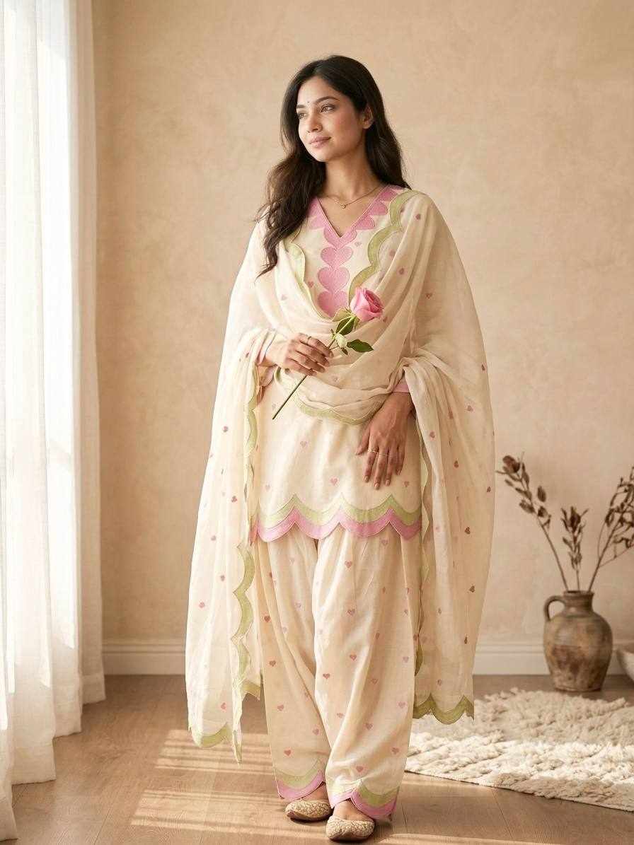 Ivory Pink & Green Scallop Embroidered Palazzo Set   MF 540 - Handcrafted Ethnic Wear