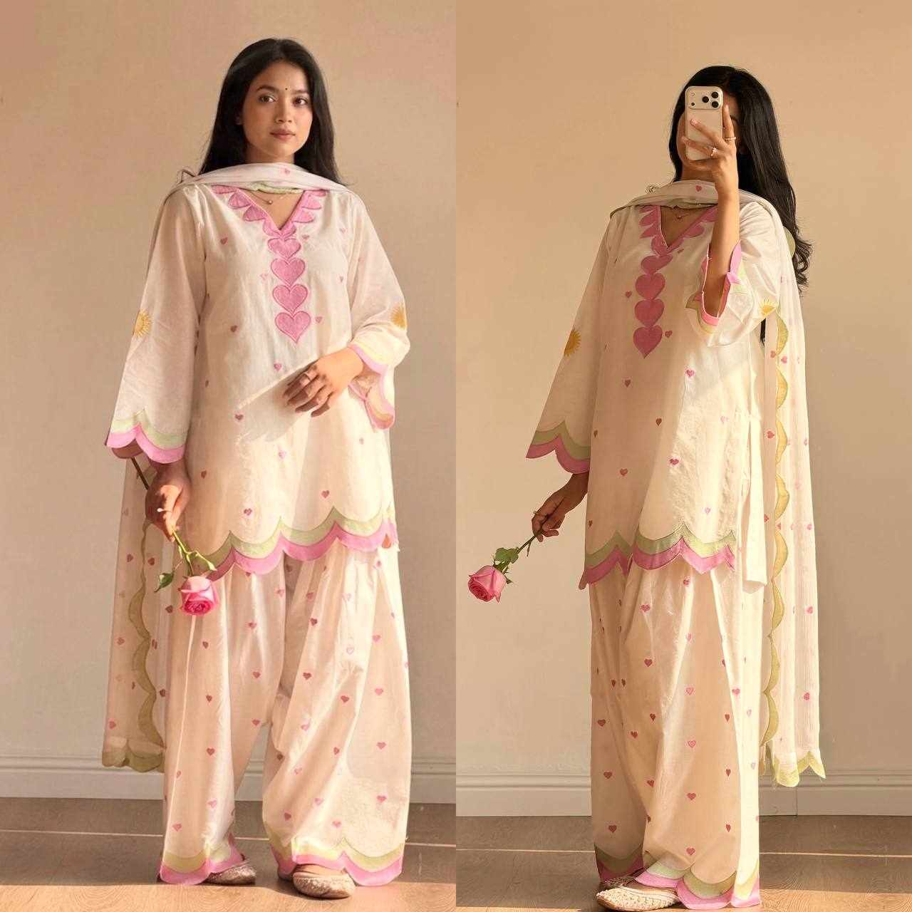 Ivory Pink & Green Scallop Embroidered Palazzo Set   MF 540