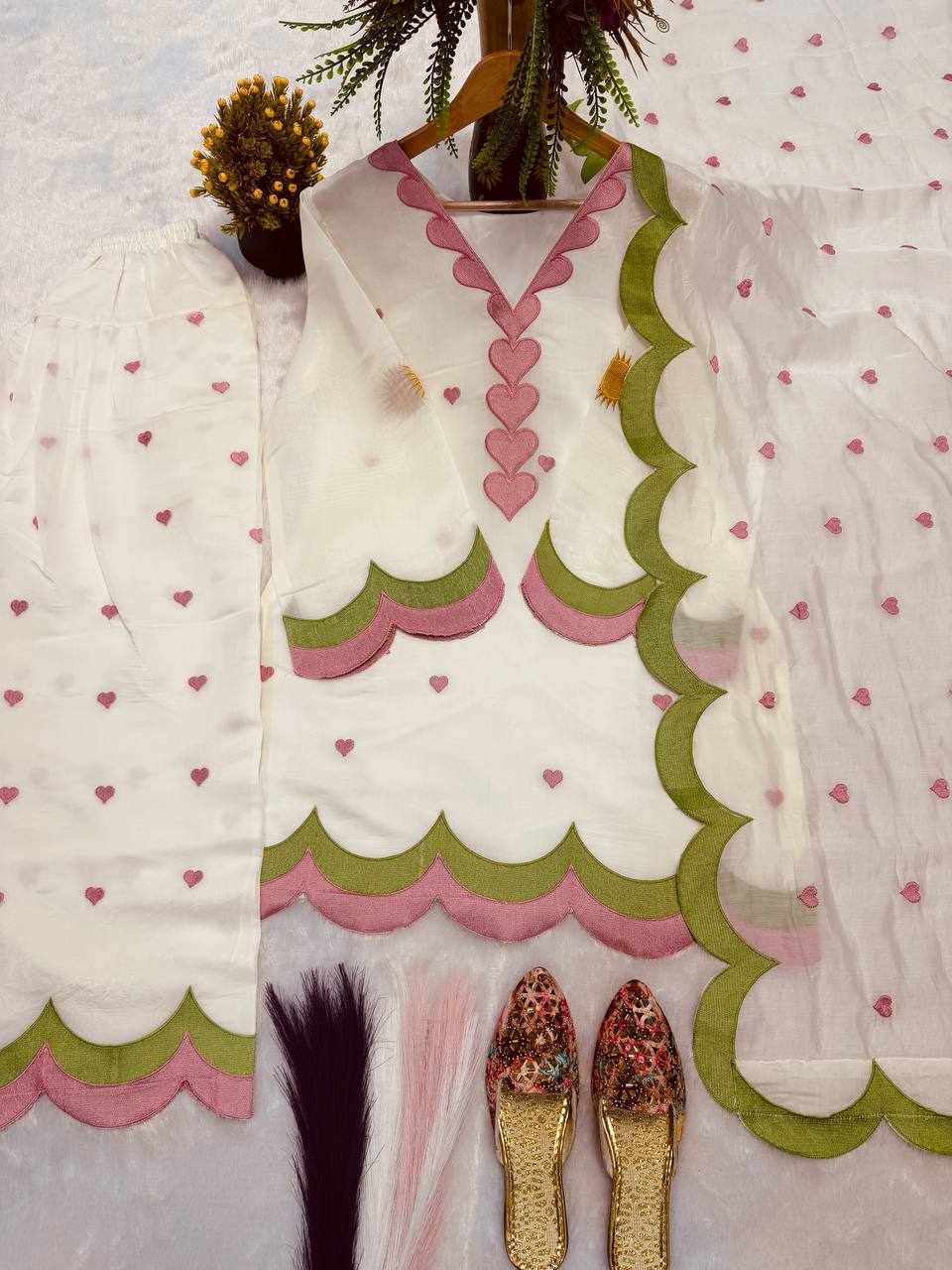Ivory Pink & Green Scallop Embroidered Palazzo Set   MF 540