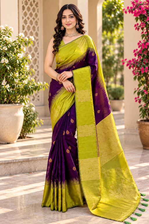 Lime Green & Royal Purple Jacquard Silk Saree      BSB233SASYYYHV_221_Prl - Handcrafted Ethnic Wear