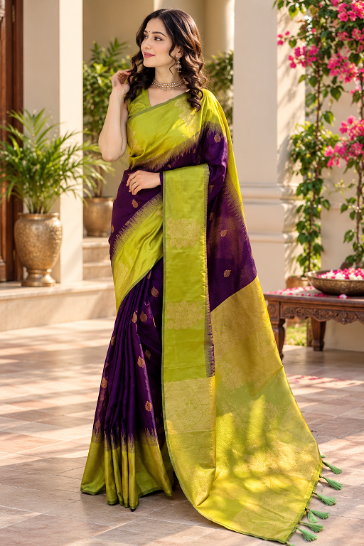 Lime Green & Royal Purple Jacquard Silk Saree      BSB233SASYYYHV_221_Prl - Detailed Pallu View