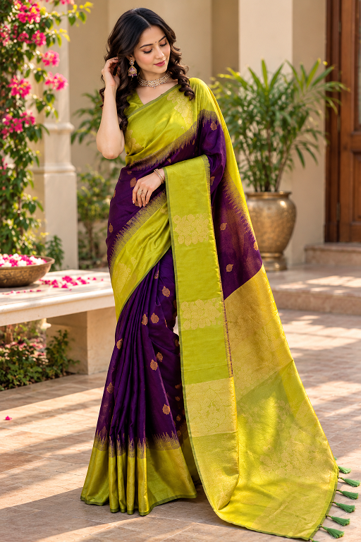 Lime Green & Royal Purple Jacquard Silk Saree      BSB233SASYYYHV_221_Prl