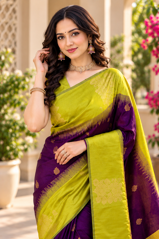 Lime Green & Royal Purple Jacquard Silk Saree      BSB233SASYYYHV_221_Prl