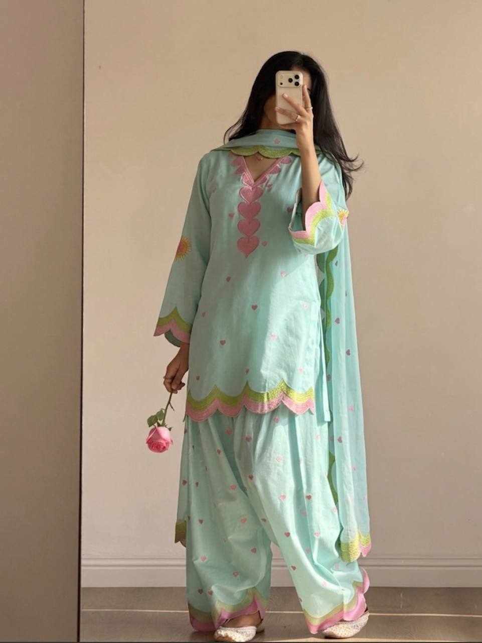 Pastel Mint Green Scallop Embroidered Palazzo Set MF 540 - Handcrafted Ethnic Wear