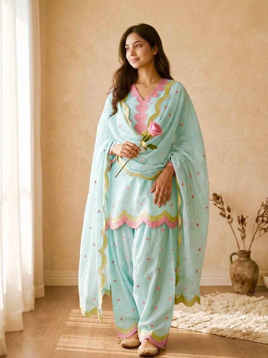 Pastel Mint Green Scallop Embroidered Palazzo Set MF 540 - Detailed Pallu View
