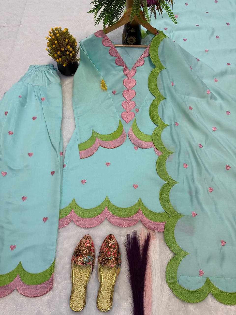 Pastel Mint Green Scallop Embroidered Palazzo Set MF 540