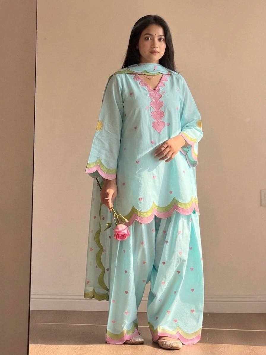 Pastel Mint Green Scallop Embroidered Palazzo Set MF 540