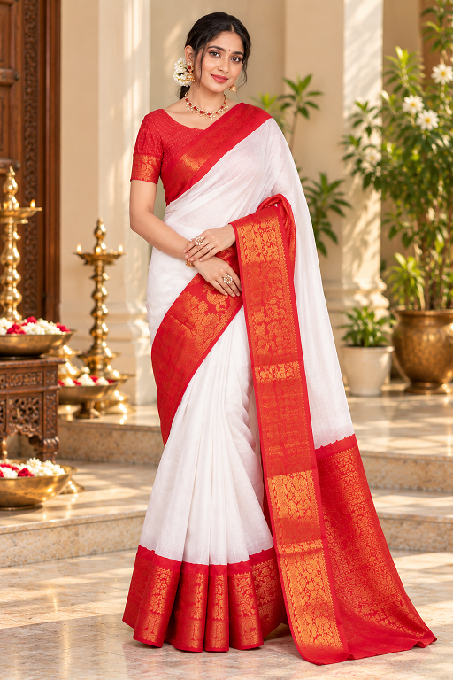 White & Red Silk Saree        BSB243SA5YYY566_Wht - Handcrafted Ethnic Wear