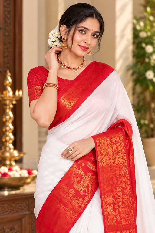 White & Red Silk Saree        BSB243SA5YYY566_Wht - Detailed Pallu View