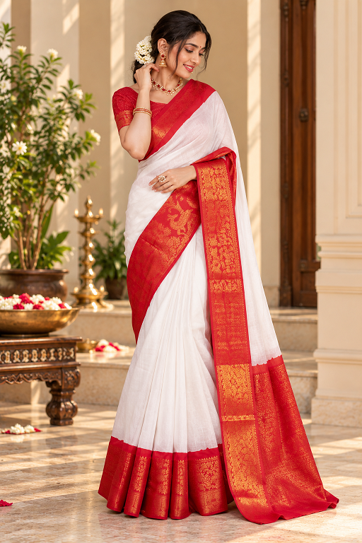 White & Red Silk Saree        BSB243SA5YYY566_Wht