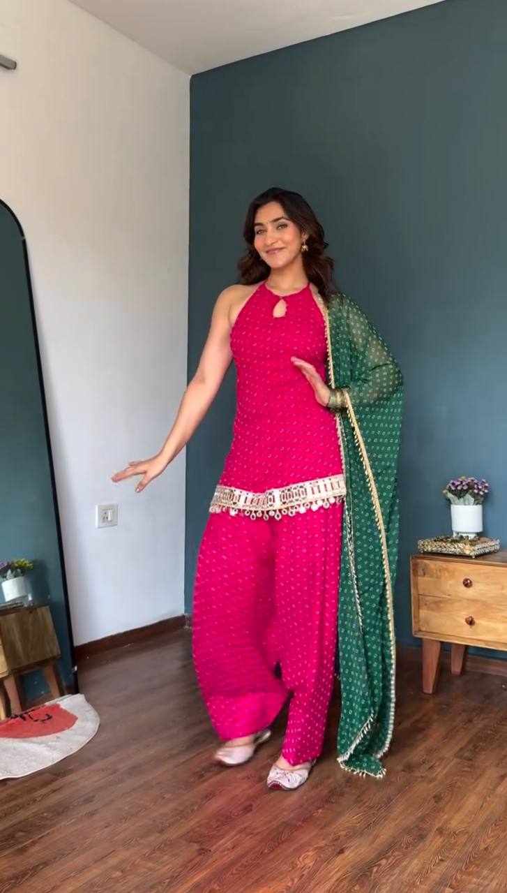 Rani Pink Bandhani Palazzo Suit with Green Dupatta KD 1648 - Handcrafted Ethnic Wear