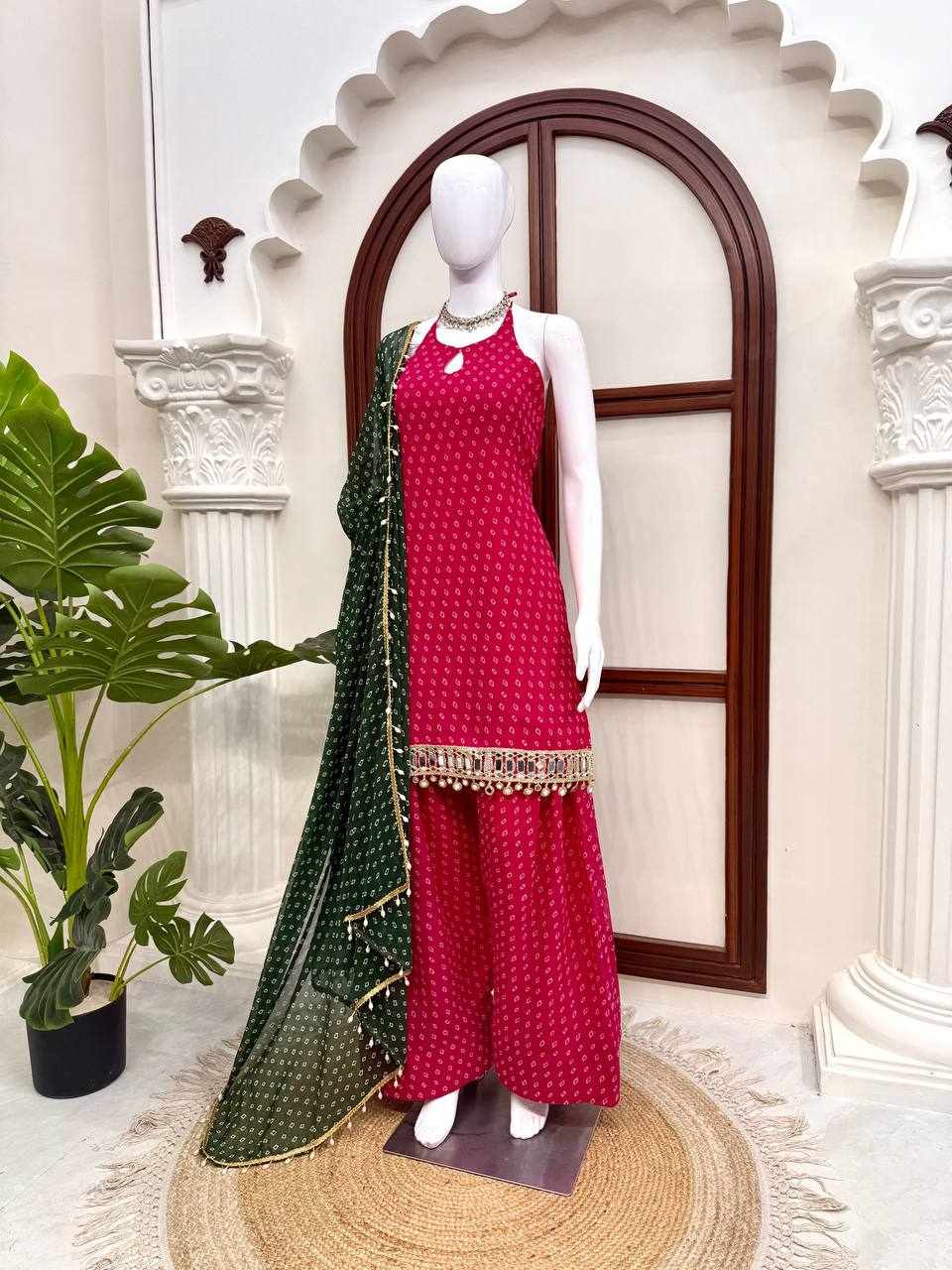 Rani Pink Bandhani Palazzo Suit with Green Dupatta KD 1648