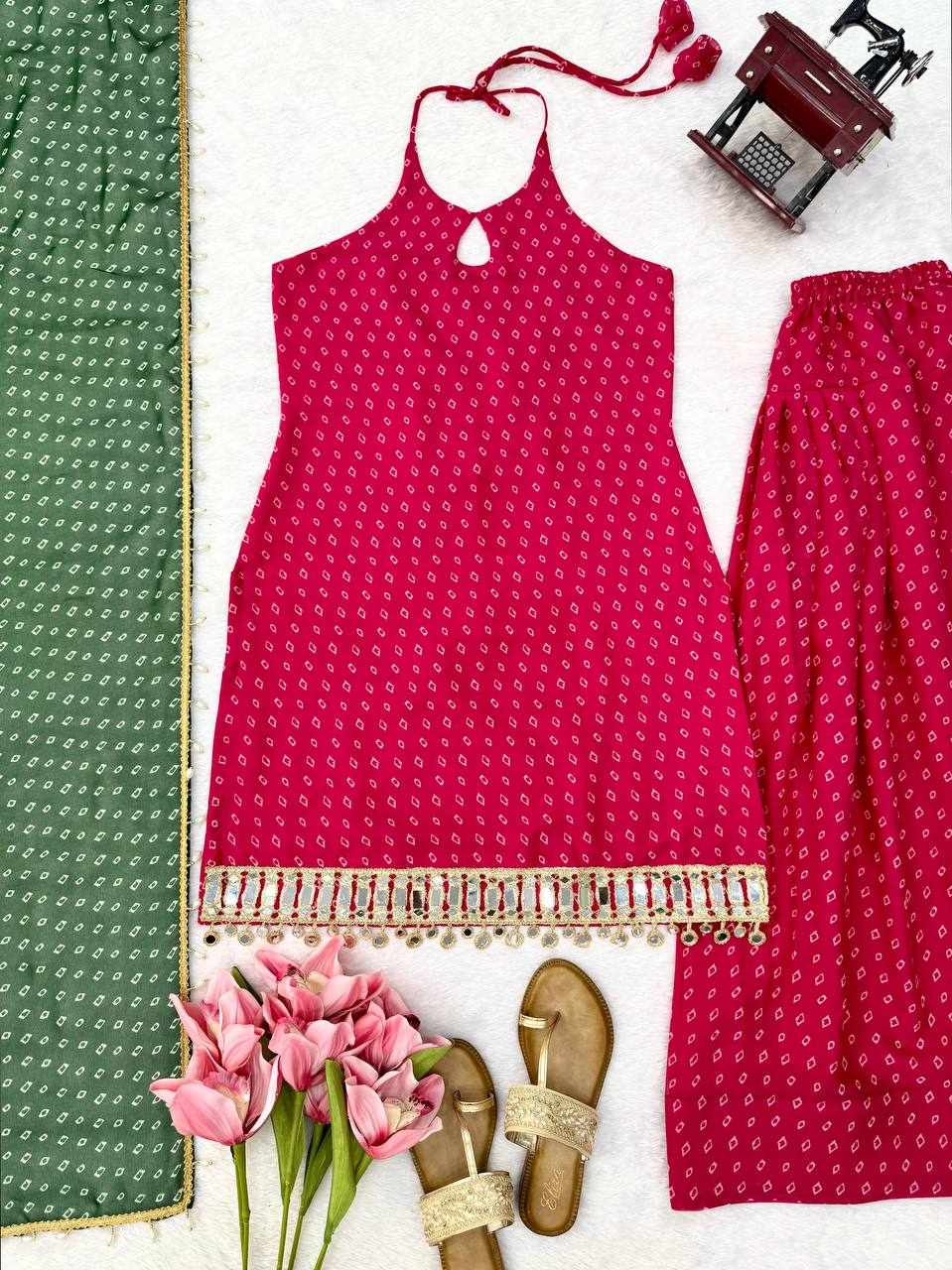 Rani Pink Bandhani Palazzo Suit with Green Dupatta KD 1648