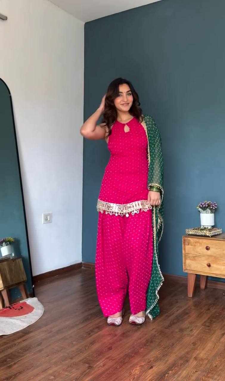 Rani Pink Bandhani Palazzo Suit with Green Dupatta KD 1648