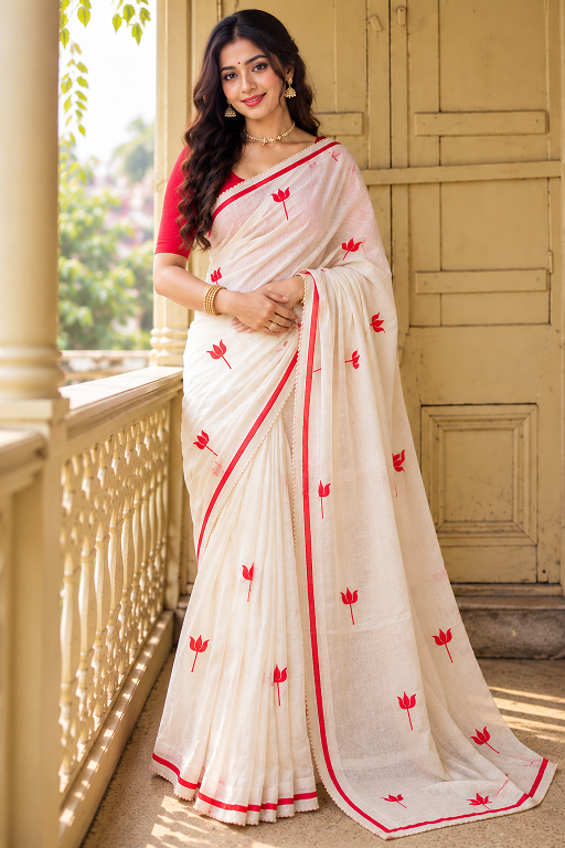 White & Red Lotus Print Cotton Linen Saree     BSB253SAVYYYC299_WhtRed  - Handcrafted Ethnic Wear