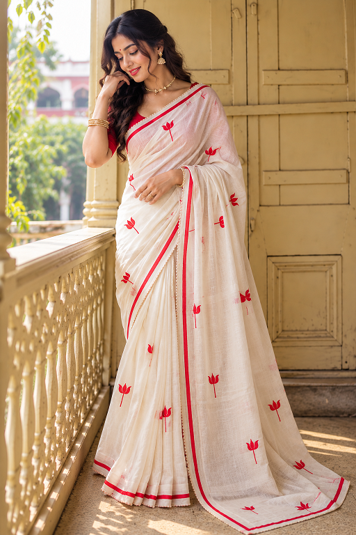 White & Red Lotus Print Cotton Linen Saree     BSB253SAVYYYC299_WhtRed  - Detailed Pallu View