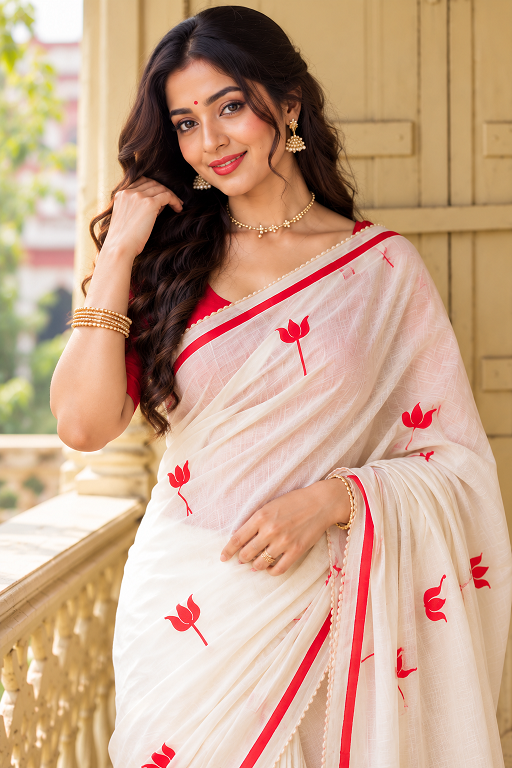 White & Red Lotus Print Cotton Linen Saree     BSB253SAVYYYC299_WhtRed 