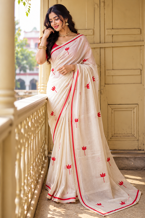 White & Red Lotus Print Cotton Linen Saree     BSB253SAVYYYC299_WhtRed 
